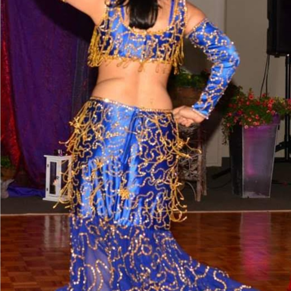 Blue & Gold Fringed hand beaded Retro Belly Dance or Bollywood Dance Costume
